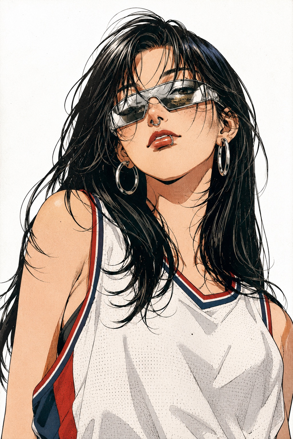 Manga-style fashion portrait with sharp linework and reflective glasses.
