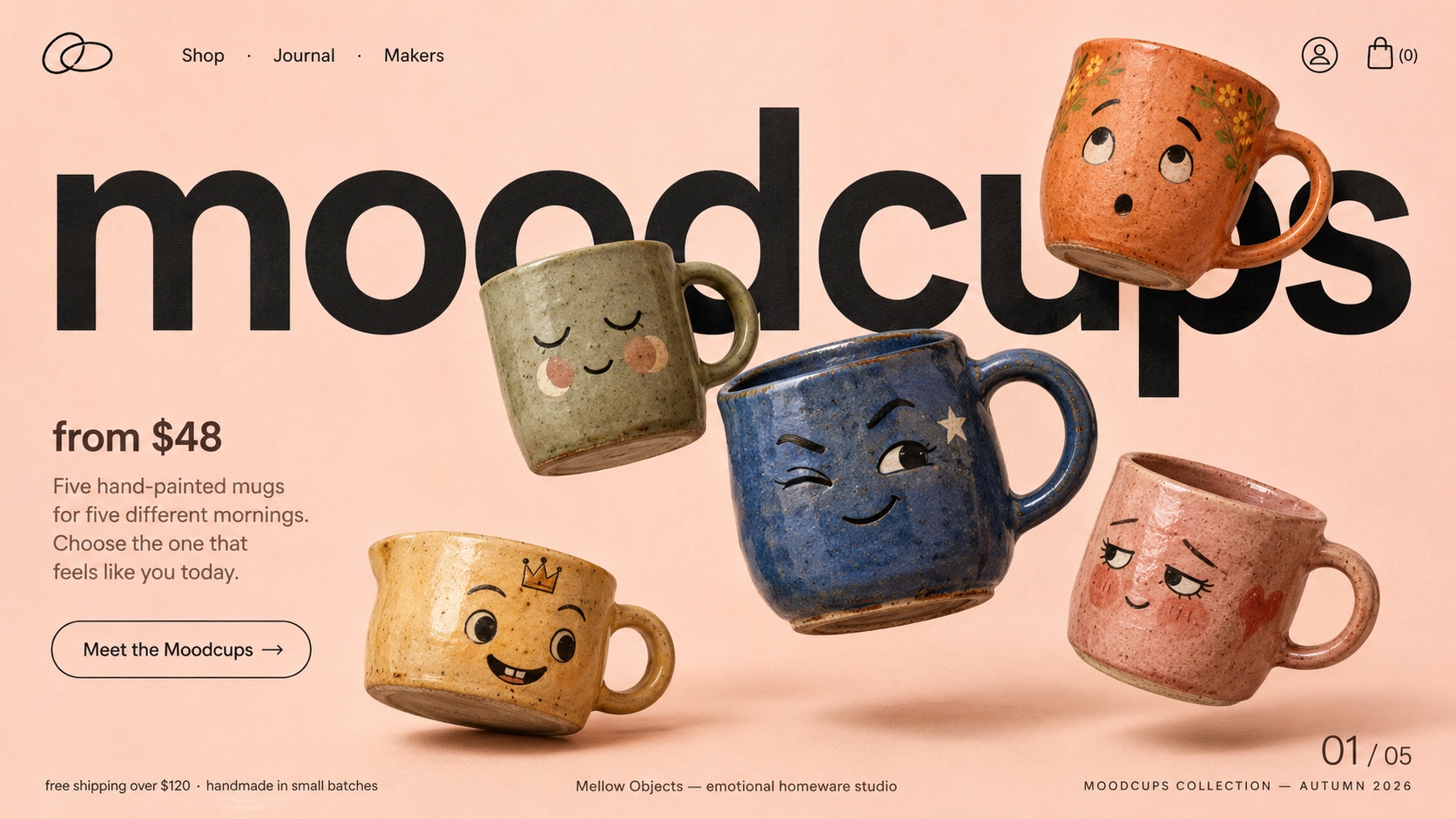A playful e-commerce hero for hand-painted ceramic mood cups.