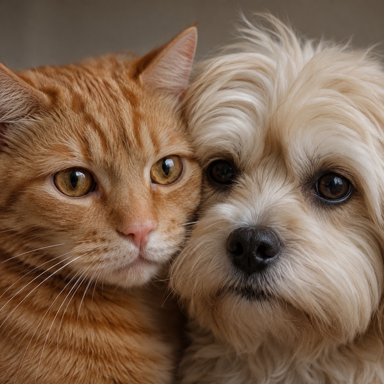 Close-up portrait of a ginger cat and fluffy white dog.
