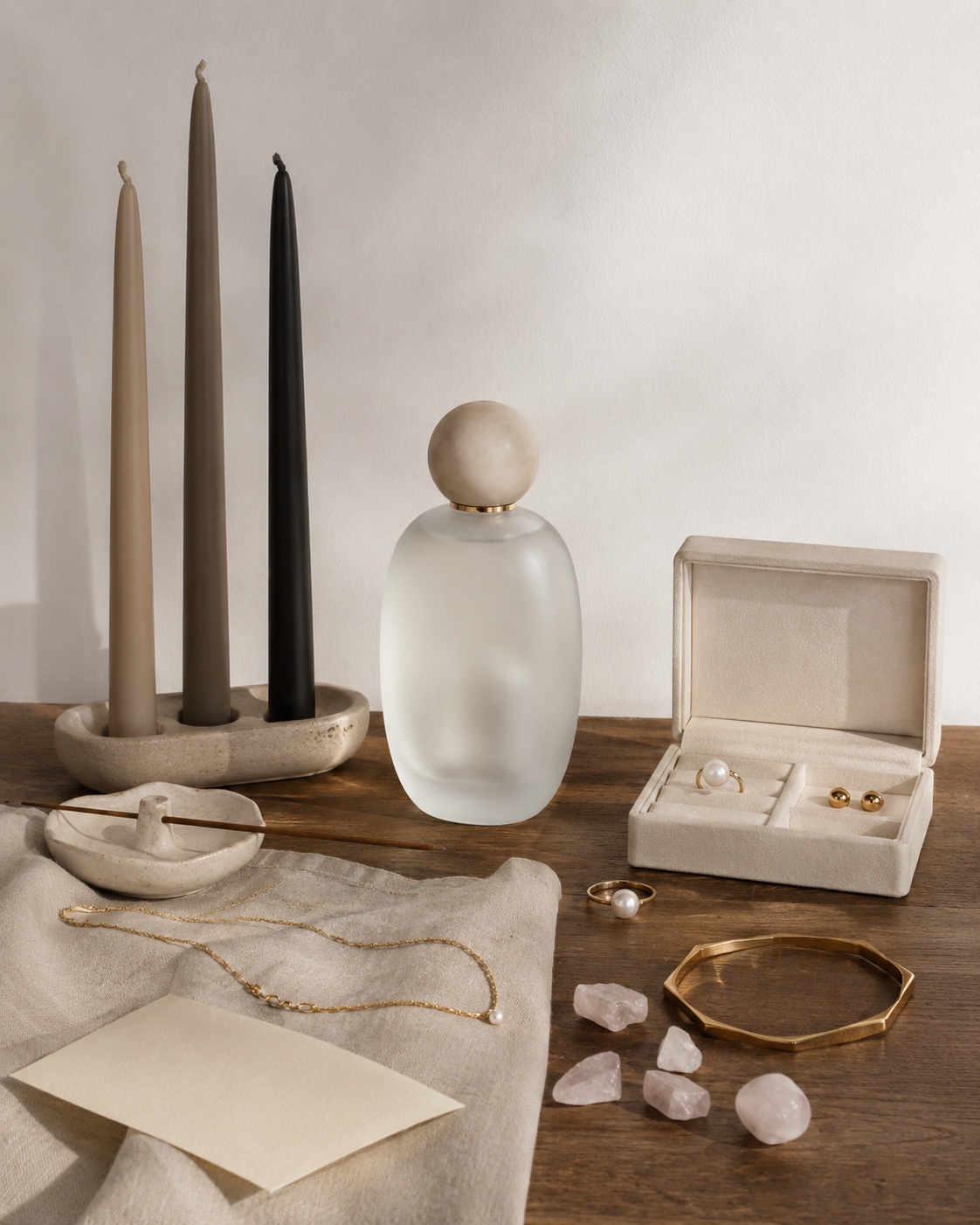 Warm still life with candles, jewelry, perfume, and natural materials.